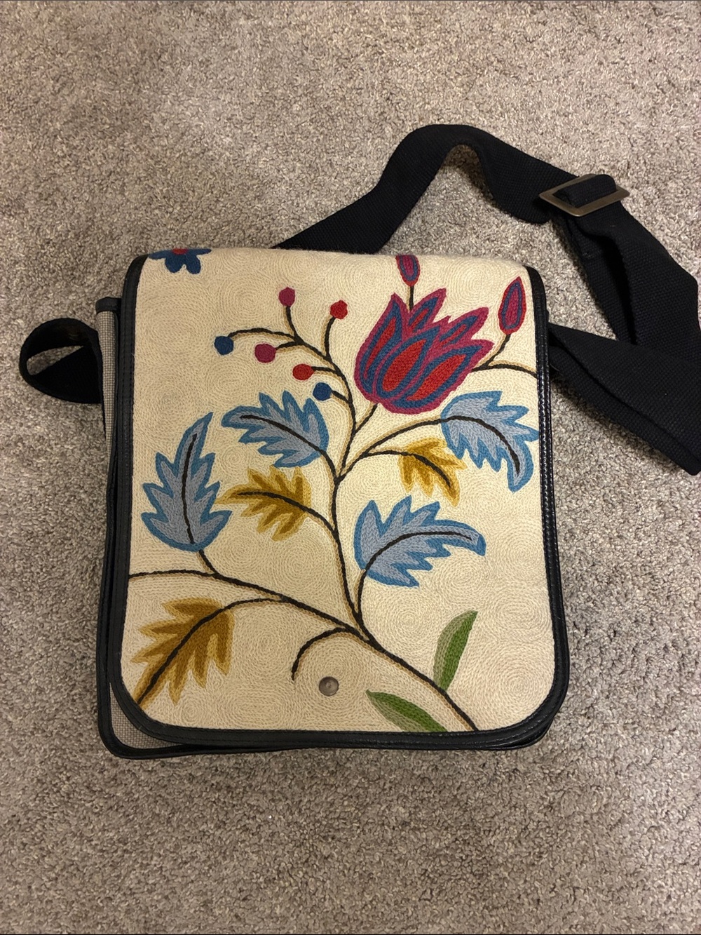Cream Floral Embroidered Crossbody Bag with Black Strap